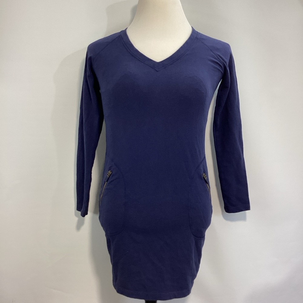 Athleta Deep Blue Long Sleeve Enchanted Dress Zippers Pockets V-Neck Size XSP
